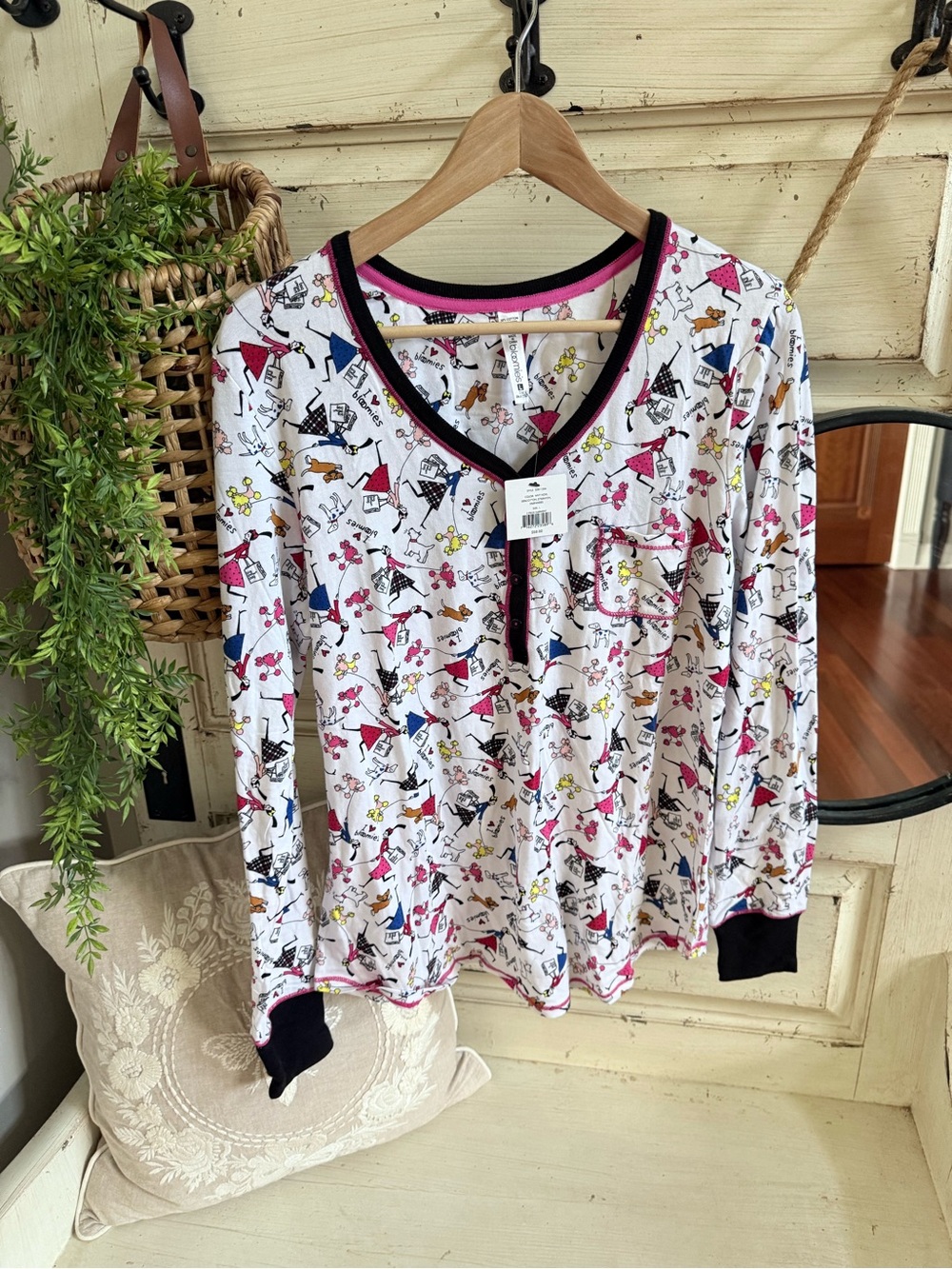 Bloomies White Printed Long Sleeve Henley with Black Trim